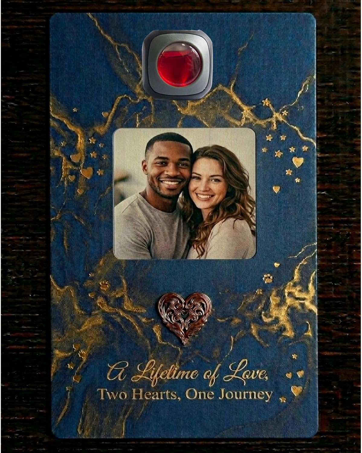 Double-Sided Custom Photo Car Accessory Hang Tag – Velvet Swirl Collection, Personalized Couple Picture Front with Custom Text Back, Gold & Deep Blue Marble Keepsake Gift