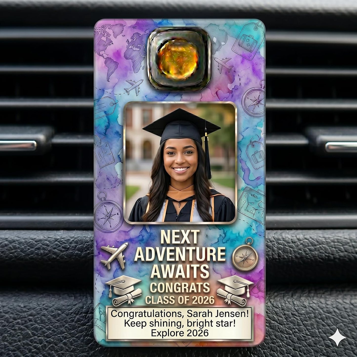 Custom Photo Car Air Vent Holder Clip - Personalized Double Sided Picture Frame Insert Base - Two Sided Gift for Proud Mom Dad Graduate Vehicle Display