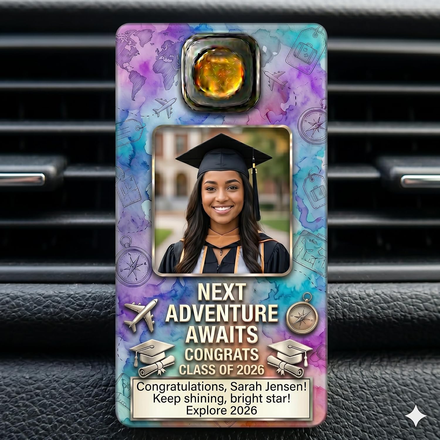Custom Photo Car Air Vent Holder Clip - Personalized Double Sided Picture Frame Insert Base - Two Sided Gift for Proud Mom Dad Graduate Vehicle Display