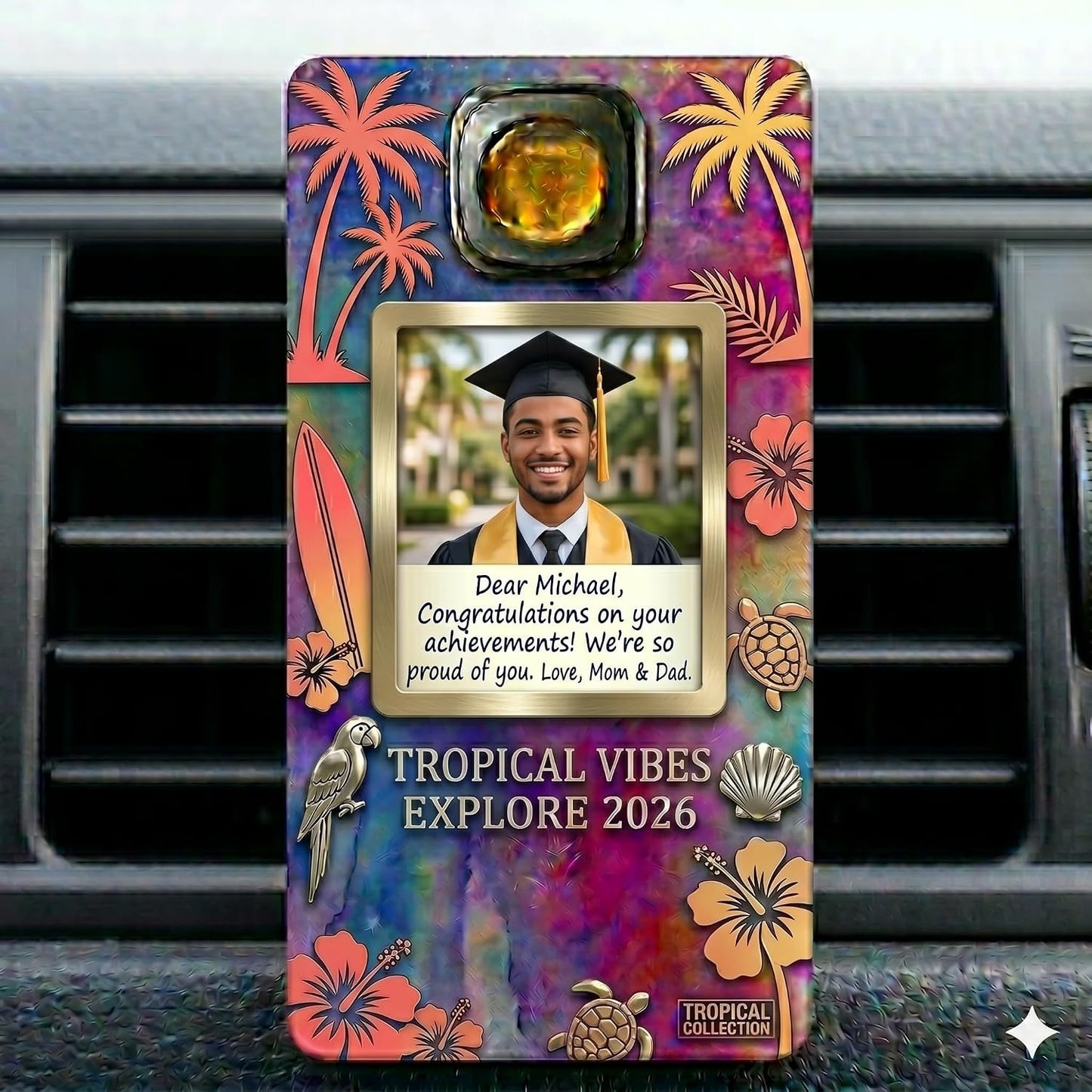 Custom Photo Car Air Freshener Holder Vent Clip - Personalized Double Sided Picture Frame Insert Base - Two Sided Gift for Proud Mom Dad Graduate