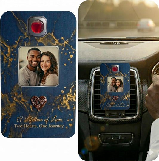 Double-Sided Custom Photo Car Accessory Hang Tag – Velvet Swirl Collection, Personalized Couple Picture Front with Custom Text Back, Gold & Deep Blue Marble Keepsake Gift